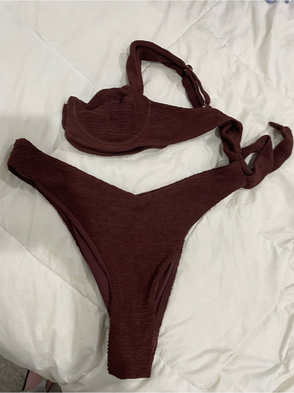 Monday Swimwear Clovelly Crinkle Bikini Set Chocolate Brown L/VV NWOT